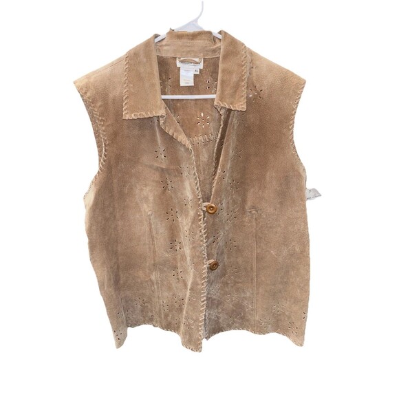 Coldwater Creek Tan Perforated Suede Leather Vest XL Buttons Sleeveless Collar - Picture 2 of 9